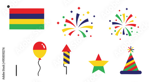 Mauritius flag fireworks balloon and party hat for celebration