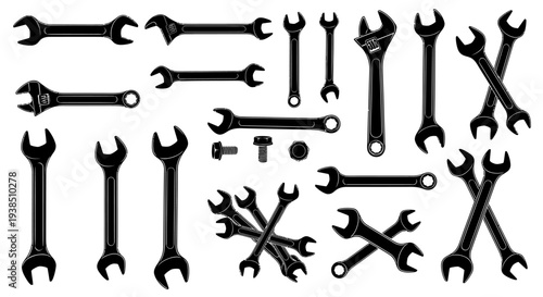 Collection of Black Silhouette Wrenches and Tools on White Background