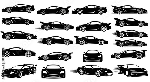 Collection of Black Sports Cars, Silhouette Vector Graphics, Automotive Design