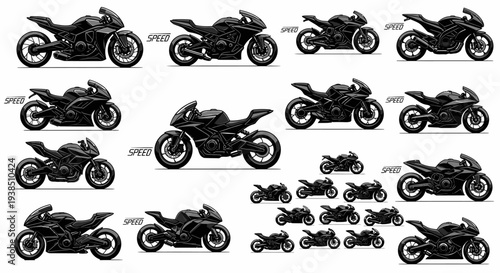 Collection of Black Sport Motorcycles, Various Angles and Sizes, Pixel Art Style