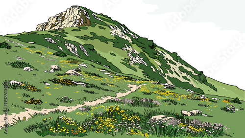 A picturesque view of a winding road leading up a lush green hillside Vector