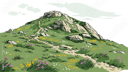 A picturesque hillside covered with lush green grass and scattered rocks under a partly cloudy sky Vector