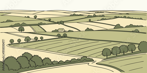 A picturesque countryside landscape with rolling hills and scattered farmhouses Vector