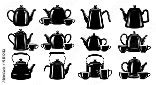 Collection of Black Teapots and Cups Silhouettes on White Background