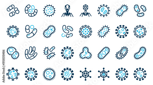 Colorful Blue and Black Outline Virus and Bacteria Icons for Medical and Biological Infographics