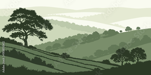 A serene landscape painting depicting a lush green valley with a winding river. Vector