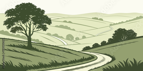A serene countryside landscape with winding roads and lush greenery. Vector