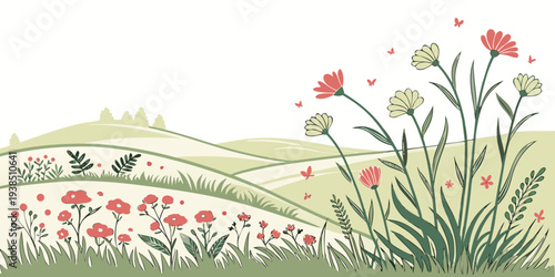 A picturesque landscape with vibrant flowers and a serene countryside view Vector