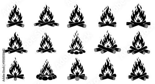 Collection of Campfire Bonfire Icons and Symbols, Vector Illustration