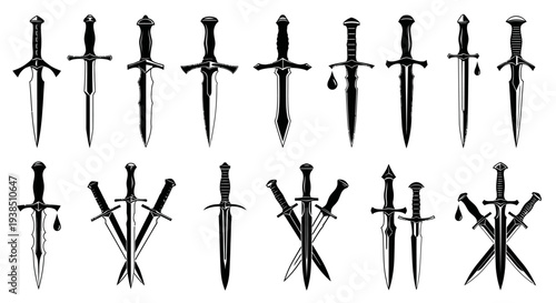Collection of Dagger and Sword Icons, Medieval Weapons, Fantasy Battle Knives, Black and White Vector Art