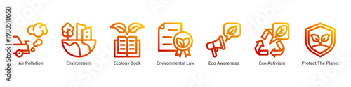 Air Protection web banner icon vector illustration featuring Air Pollution,Environment,Ecology Book,Environmental Law,Eco Awareness,Eco Activism,and Protect The Planet icons.