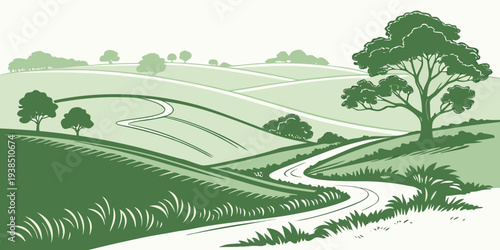 A serene countryside landscape with rolling hills and lush greenery. Vector