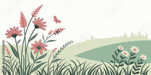 A vibrant field of red flowers under a clear blue sky with distant hills Vector
