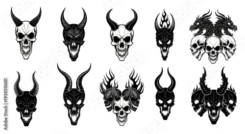 Collection of Dark Skulls with Horns and Flames, Gothic Tattoo Art