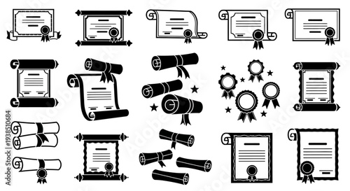 Collection of Diploma and Certificate Icons: Graduation, Award, Achievement, Legal Document, Scroll
