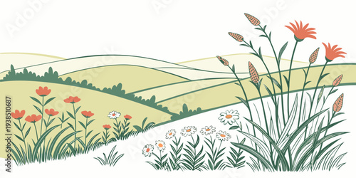 Vibrant wildflowers blooming in a lush green meadow under a clear blue sky Vector