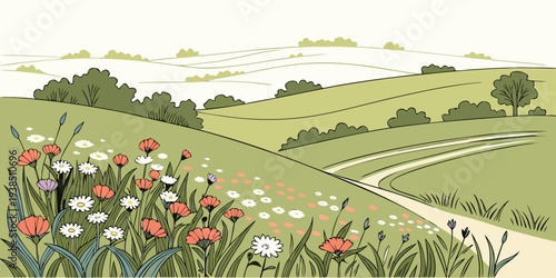 A picturesque countryside landscape with rolling hills and vibrant wildflowers Vector
