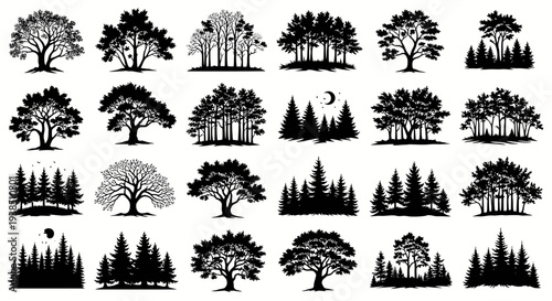 Collection of Diverse Tree Silhouettes: Forest, Woodland, Nature Icons