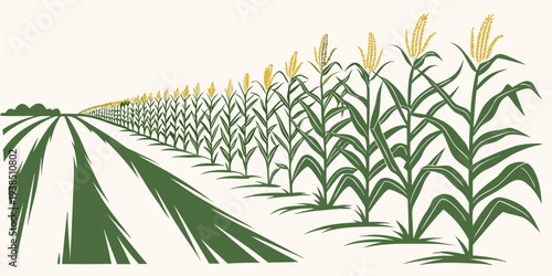 A vast field of corn stretches out under a clear blue sky with a few scattered clouds. Vector
