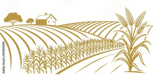 A serene landscape featuring a winding path through a golden wheat field under a clear blue sky. Vector
