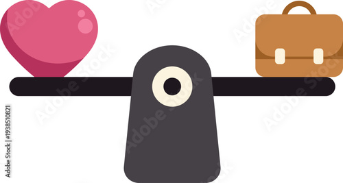 Heart and briefcase balancing on seesaw symbolising work life equilibrium