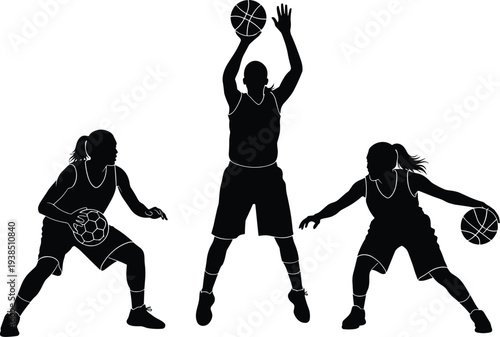 Black silhouettes of female basketball players in action including dribbling and shooting jump shot for sports graphic design vector illustration