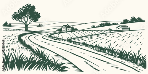 A winding road through a serene countryside landscape with rolling hills Vector