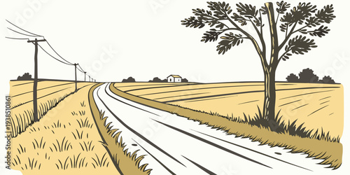 A winding dirt road stretches into the distance, bordered by a fence and trees. Vector