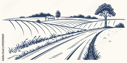 A serene countryside scene with a winding road and lush greenery Vector