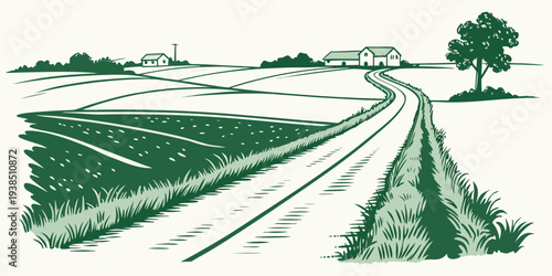 A serene landscape of rolling green hills and a winding path leading to the horizon Vector