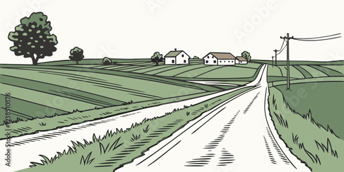 A serene countryside scene with a winding dirt road and lush green fields Vector
