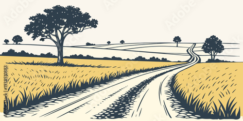 A serene landscape of a winding dirt road through a vast golden field with trees in the distance. Vector