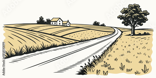 A picturesque landscape of train tracks stretching into the horizon with a tree. Vector