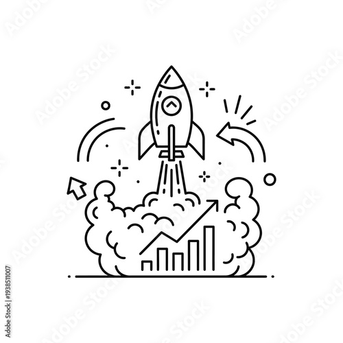 Rocket Launching Upwards with Growth Chart and Arrows.