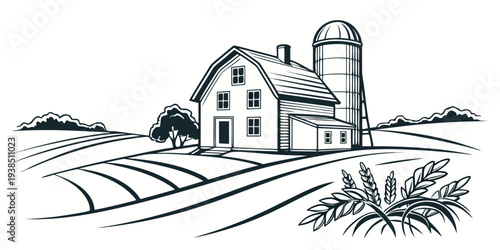 A charming farmhouse with a red roof and a large barn in the background. Vector
