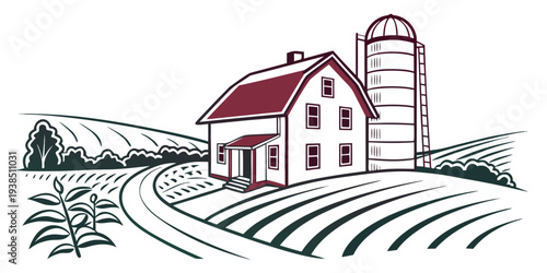 A picturesque farmhouse nestled in a lush green valley with rolling hills and a clear blue sky. Vector