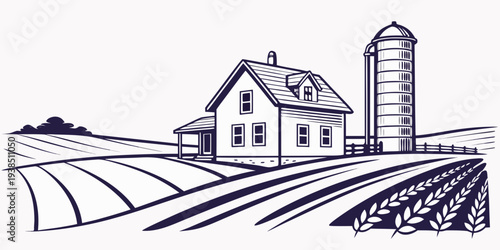 A picturesque countryside scene with a farmhouse and silo near a railway track Vector