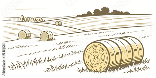 A serene landscape with rolling hills and scattered trees under a clear sky Vector