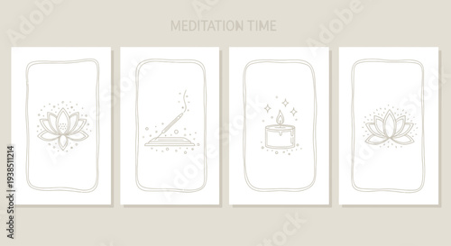 Serene Meditation Time: Lotus, Incense, Candle Icons on Minimalist Background