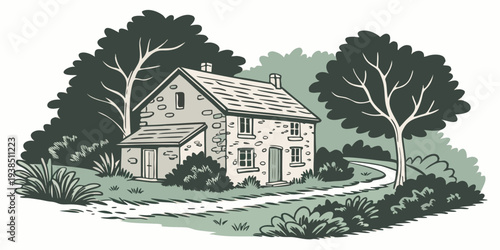 A quaint countryside house surrounded by lush trees and a serene landscape Vector