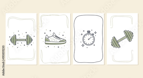 Fitness and Sports Equipment Icons: Dumbbell, Sneaker, Stopwatch, Workout Gear