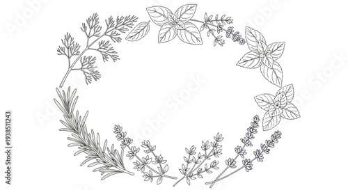 Decorative oval frame featuring hand drawn sketches of culinary herbs including rosemary thyme basil lavender and parsley on white.