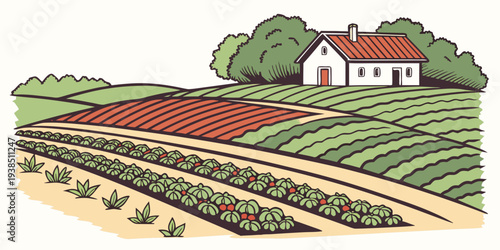 A vibrant illustration of a farm with various crops and farm animals. Vector
