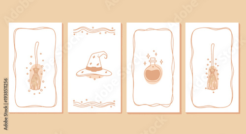 Whimsical Halloween Cards with Witchy Elements: Broom, Hat, Potion Bottle