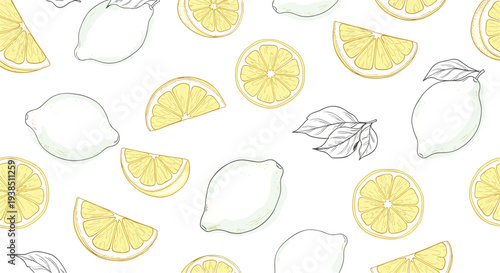 Seamless pattern of hand drawn whole lemons and fresh citrus slices with leaves on a clean white background for kitchen decor.