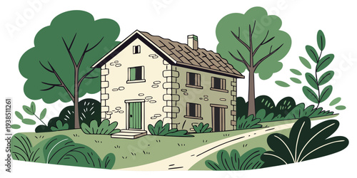 A charming countryside cottage nestled among lush green trees and vibrant foliage. Vector