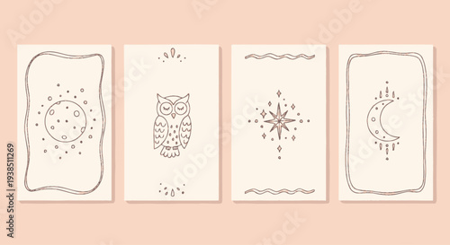 Esoteric Tarot Cards Oracle Symbols Sun Moon Owl Star Compass Boho Style