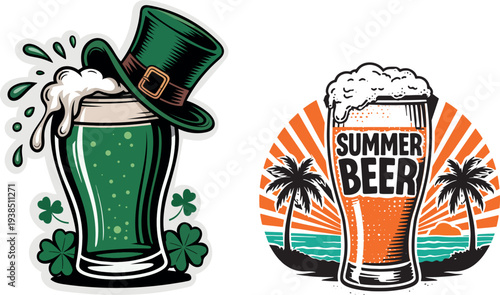 St Patrick Day Green Beer Mug and Summer Beer Glass Illustration Set, Festive Alcohol Drink Badge Design