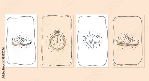 Healthy Lifestyle Icons: Running Shoe, Stopwatch, Heartbeat Monitor