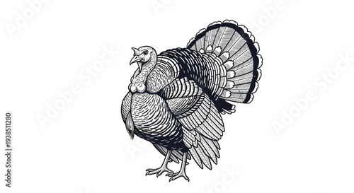 Highly detailed black and white engraving of a turkey with its magnificent tail feathers fanned out in a classic display.